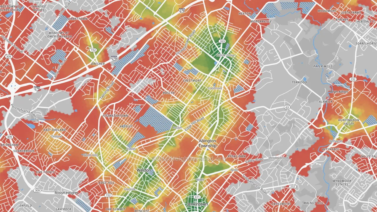Walk Grade map of Abington, PA, walkable areas in green and car-dependent areas in red
