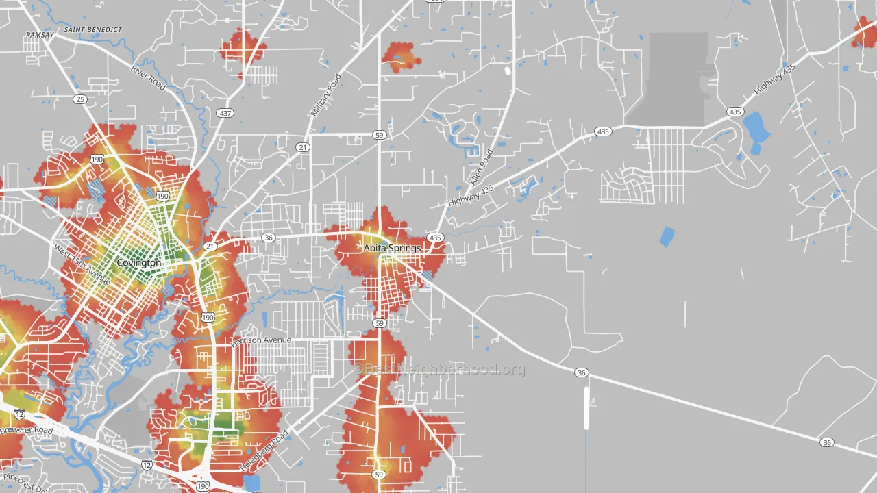 Walk Grade map of Abita Springs, LA, walkable areas in green and car-dependent areas in red