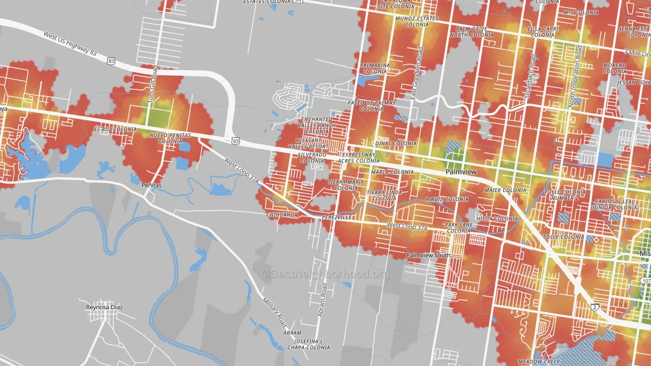 Walk Grade map of Abram-Perezville, Mission, TX, walkable areas in green and car-dependent areas in red