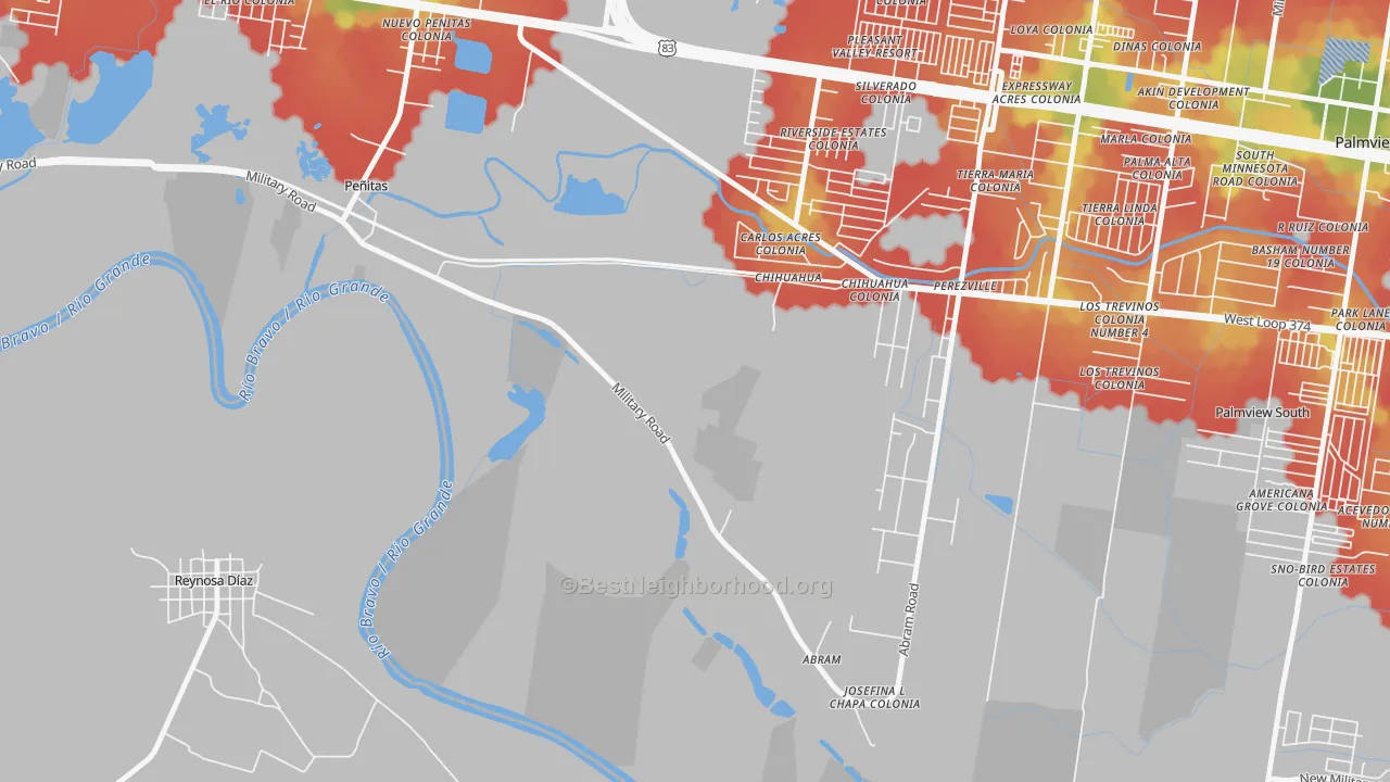Walk Grade map of Abram, TX, walkable areas in green and car-dependent areas in red