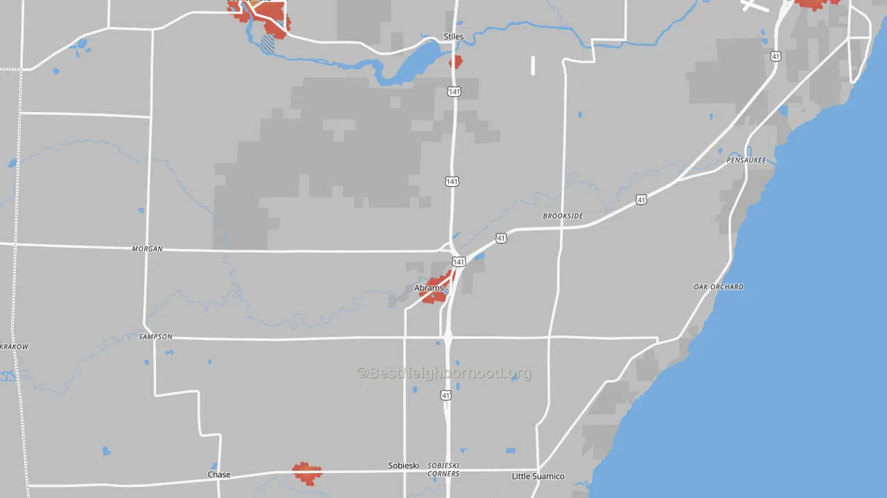 Walk Grade map of Abrams, WI, walkable areas in green and car-dependent areas in red
