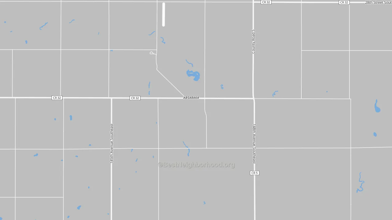 Walk Grade map of Absaraka, ND, walkable areas in green and car-dependent areas in red