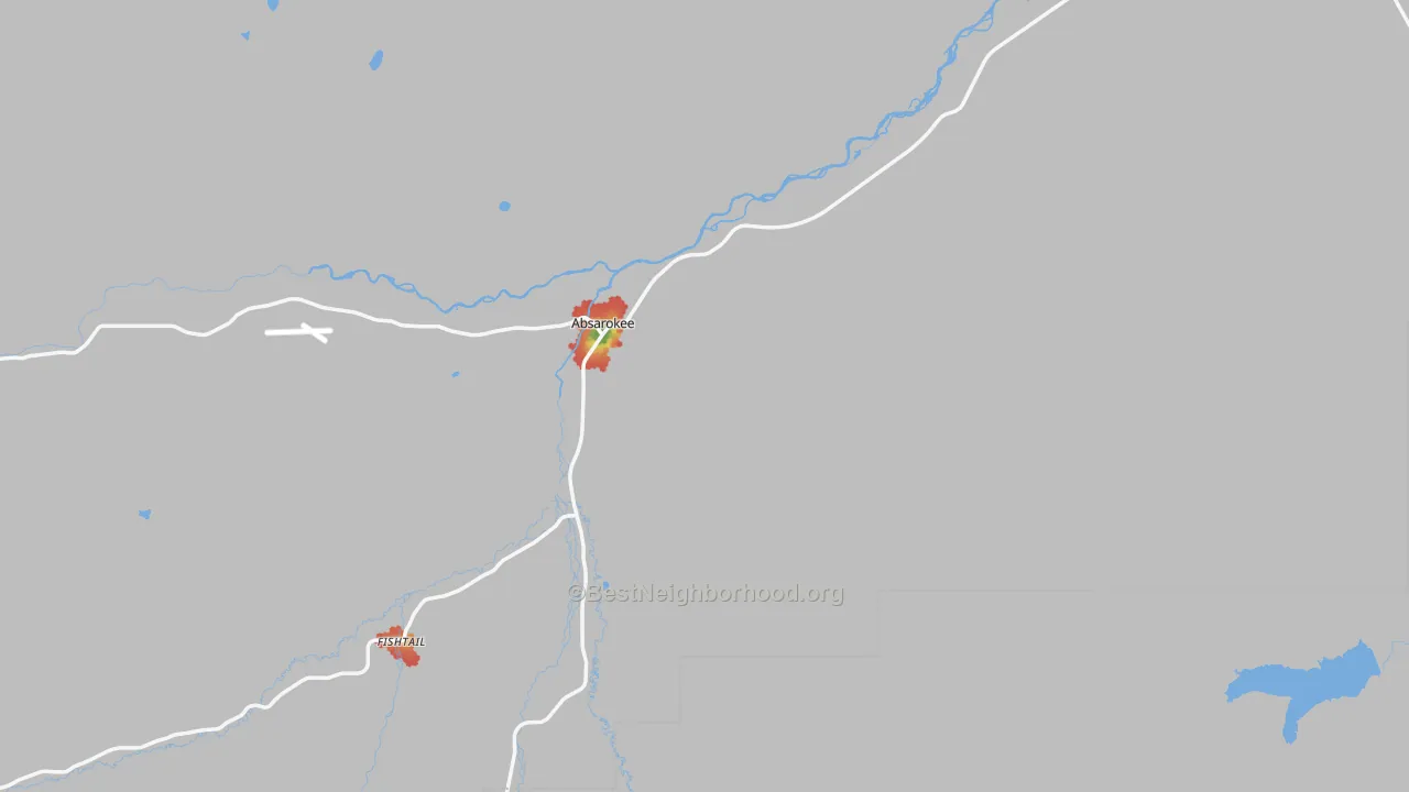 Walk Grade map of Absarokee, MT, walkable areas in green and car-dependent areas in red