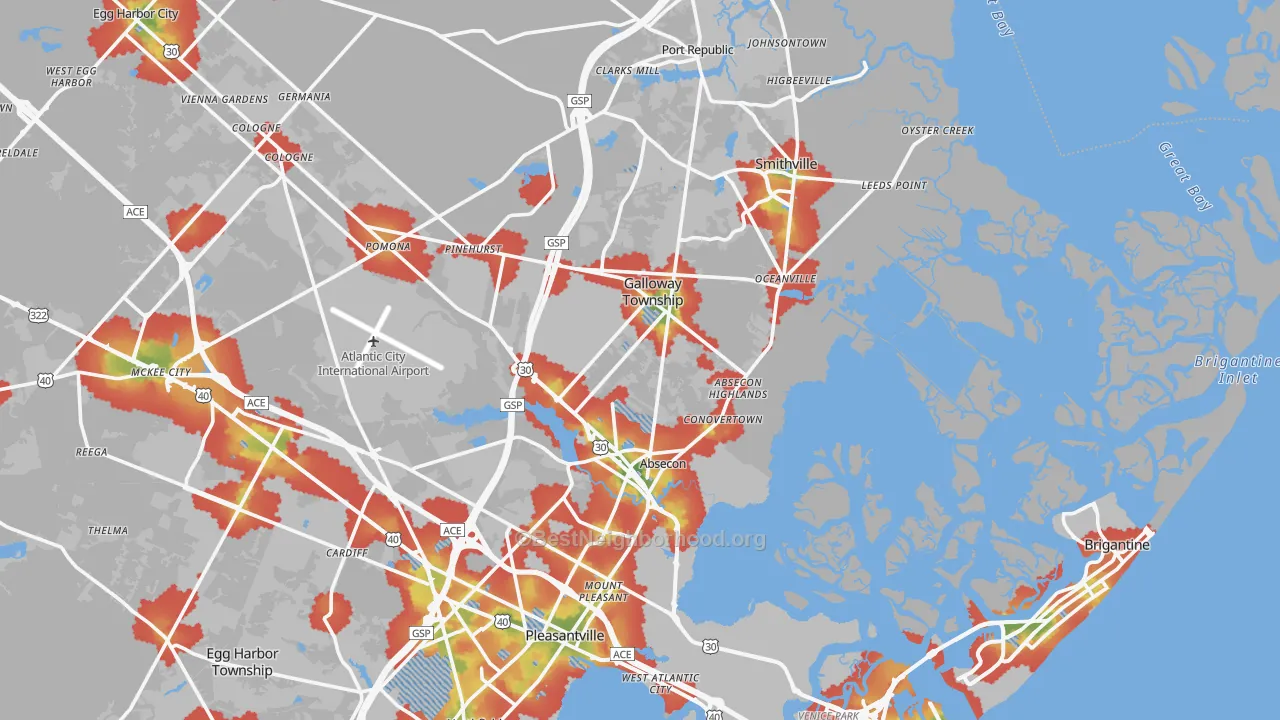 Walk Grade map of Absecon, NJ, walkable areas in green and car-dependent areas in red