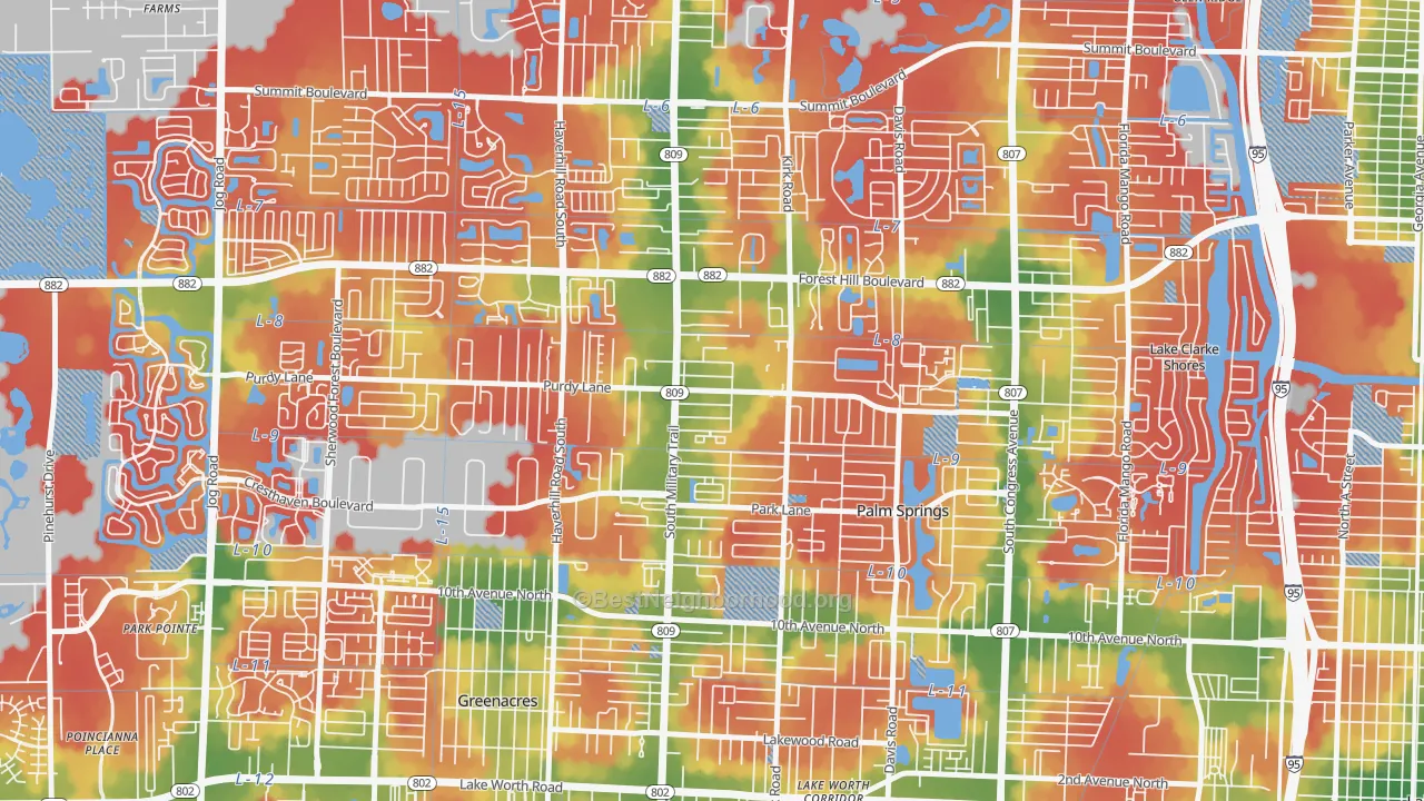 Walk Grade map of Acacia Villas, FL, walkable areas in green and car-dependent areas in red