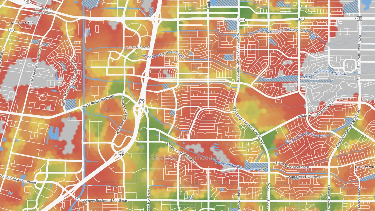 Walk Grade map of Academy Acres North, Albuquerque, NM, walkable areas in green and car-dependent areas in red