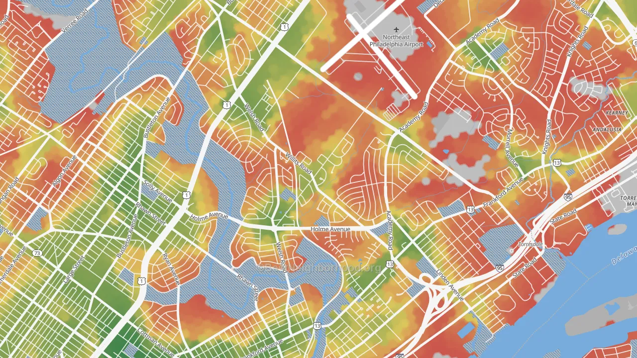 Walk Grade map of Academy Gardens, Philadelphia, PA, walkable areas in green and car-dependent areas in red
