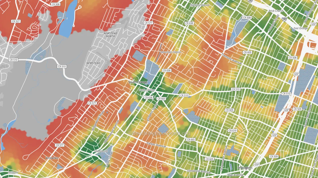 Walk Grade map of Academy Heights, Orange, NJ, walkable areas in green and car-dependent areas in red