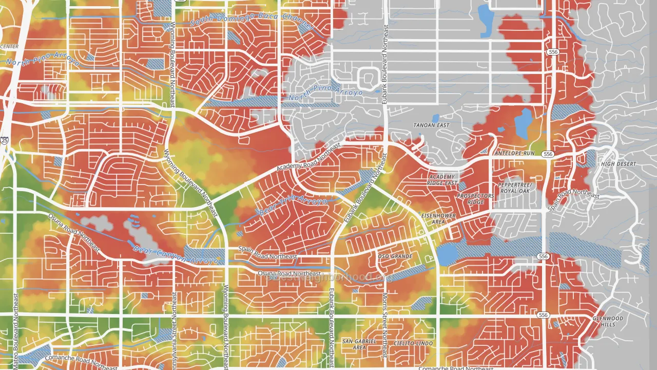 Walk Grade map of Academy Hills Park, Albuquerque, NM, walkable areas in green and car-dependent areas in red