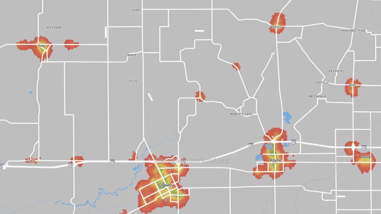 Walk Grade map of Acadia Parish, LA, walkable areas in green and car-dependent areas in red