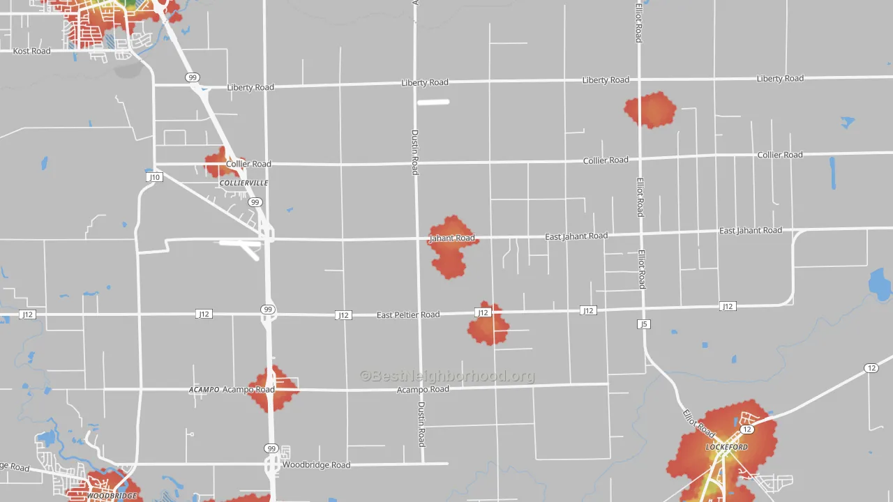 Walk Grade map of Acampo, CA, walkable areas in green and car-dependent areas in red