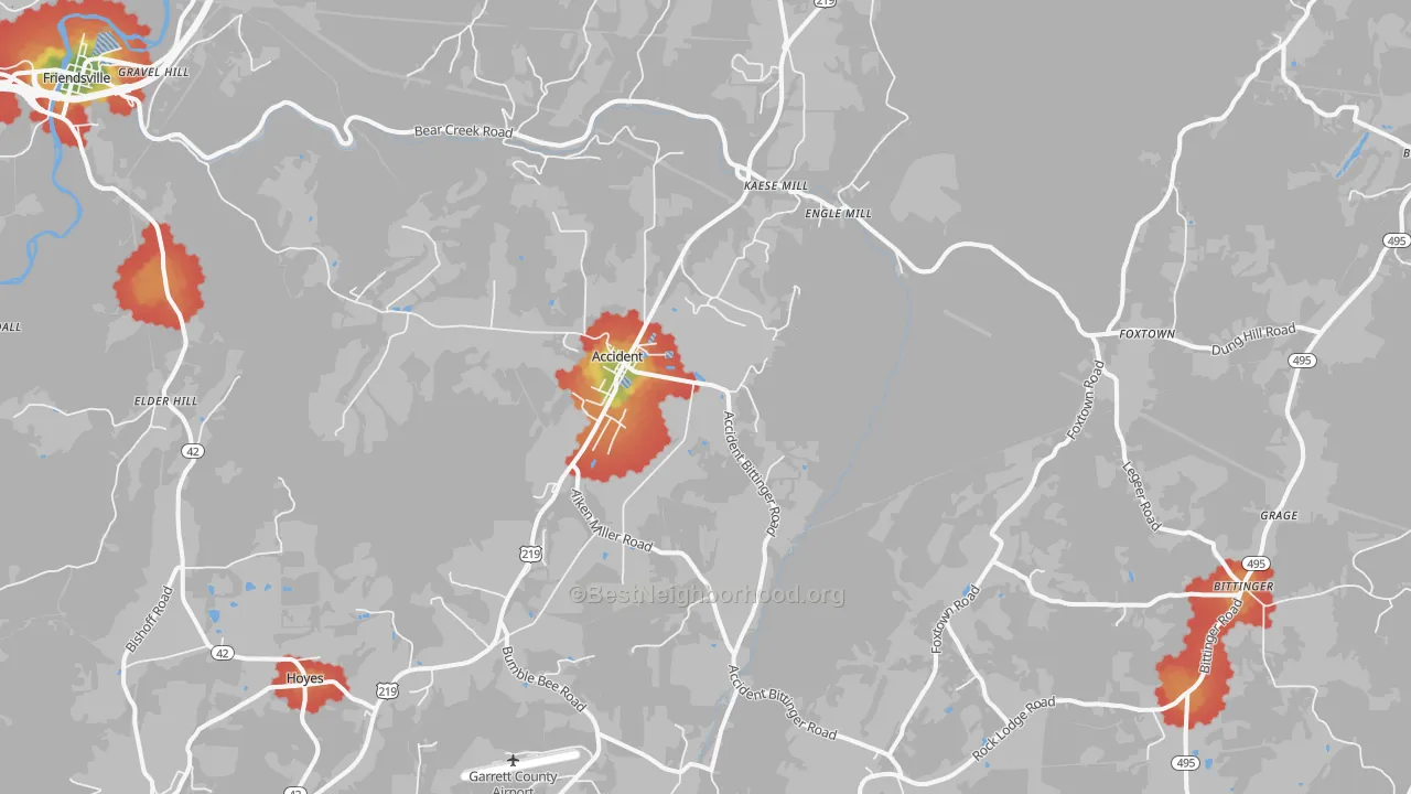 Walk Grade map of Accident, MD, walkable areas in green and car-dependent areas in red