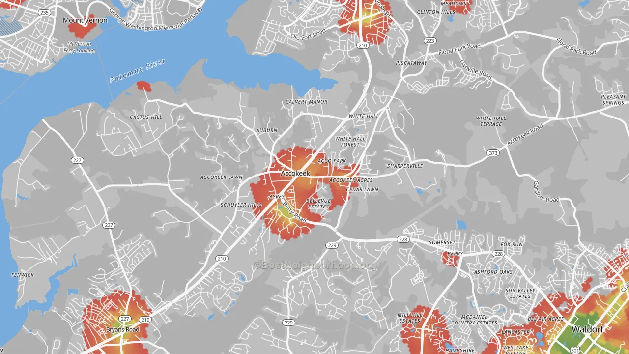 Walk Grade map of Accokeek, MD, walkable areas in green and car-dependent areas in red