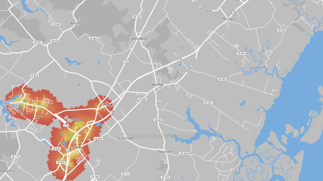 Walk Grade map of Accomac, VA, walkable areas in green and car-dependent areas in red