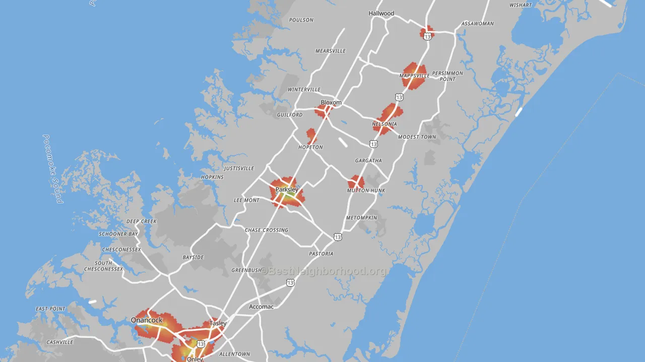 Walk Grade map of Accomack County, VA, walkable areas in green and car-dependent areas in red