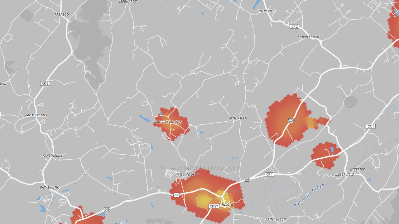 Walk Grade map of Accord, NY, walkable areas in green and car-dependent areas in red