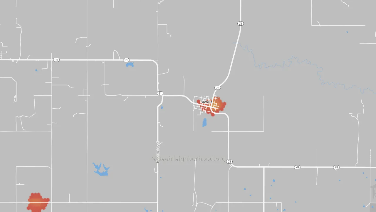 Walk Grade map of Achille, OK, walkable areas in green and car-dependent areas in red