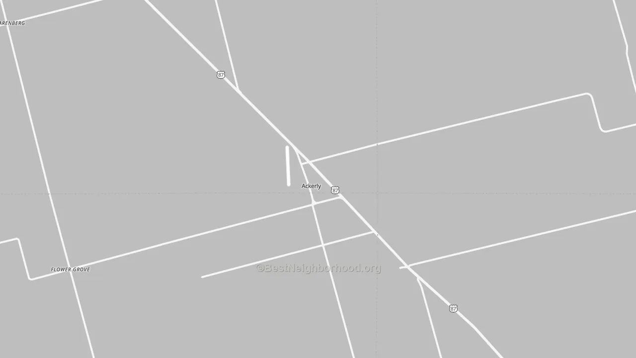 Walk Grade map of Ackerly, TX, walkable areas in green and car-dependent areas in red