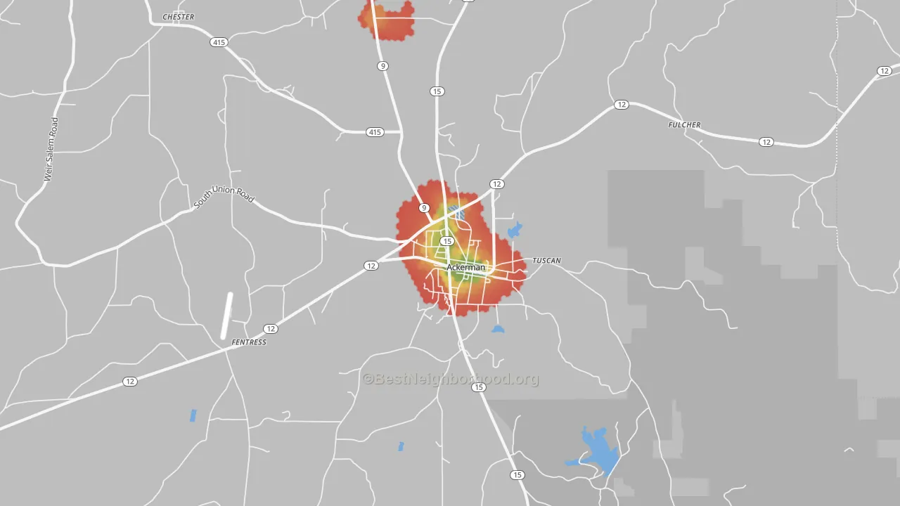 Walk Grade map of Ackerman, MS, walkable areas in green and car-dependent areas in red