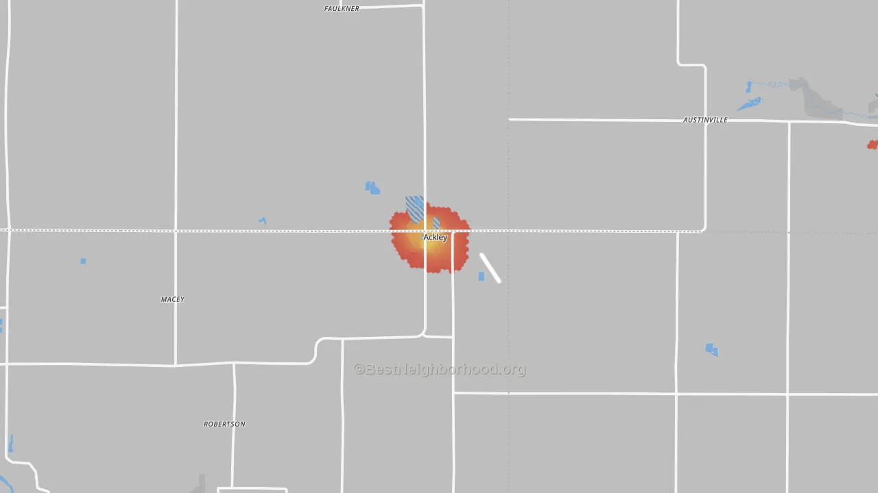 Walk Grade map of Ackley, IA, walkable areas in green and car-dependent areas in red