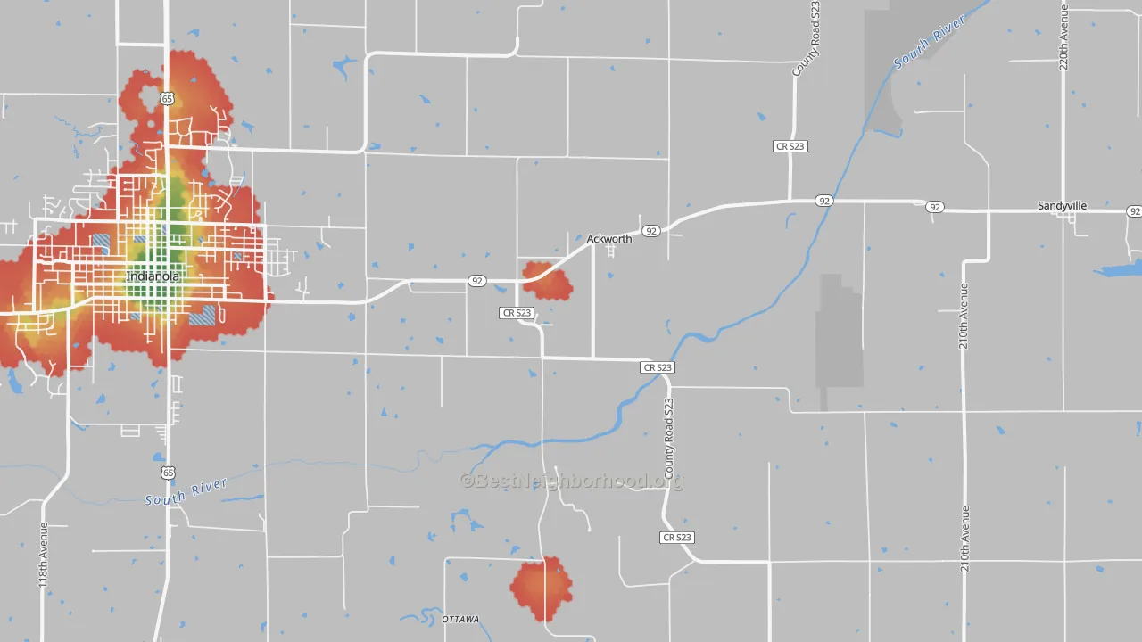 Walk Grade map of Ackworth, IA, walkable areas in green and car-dependent areas in red