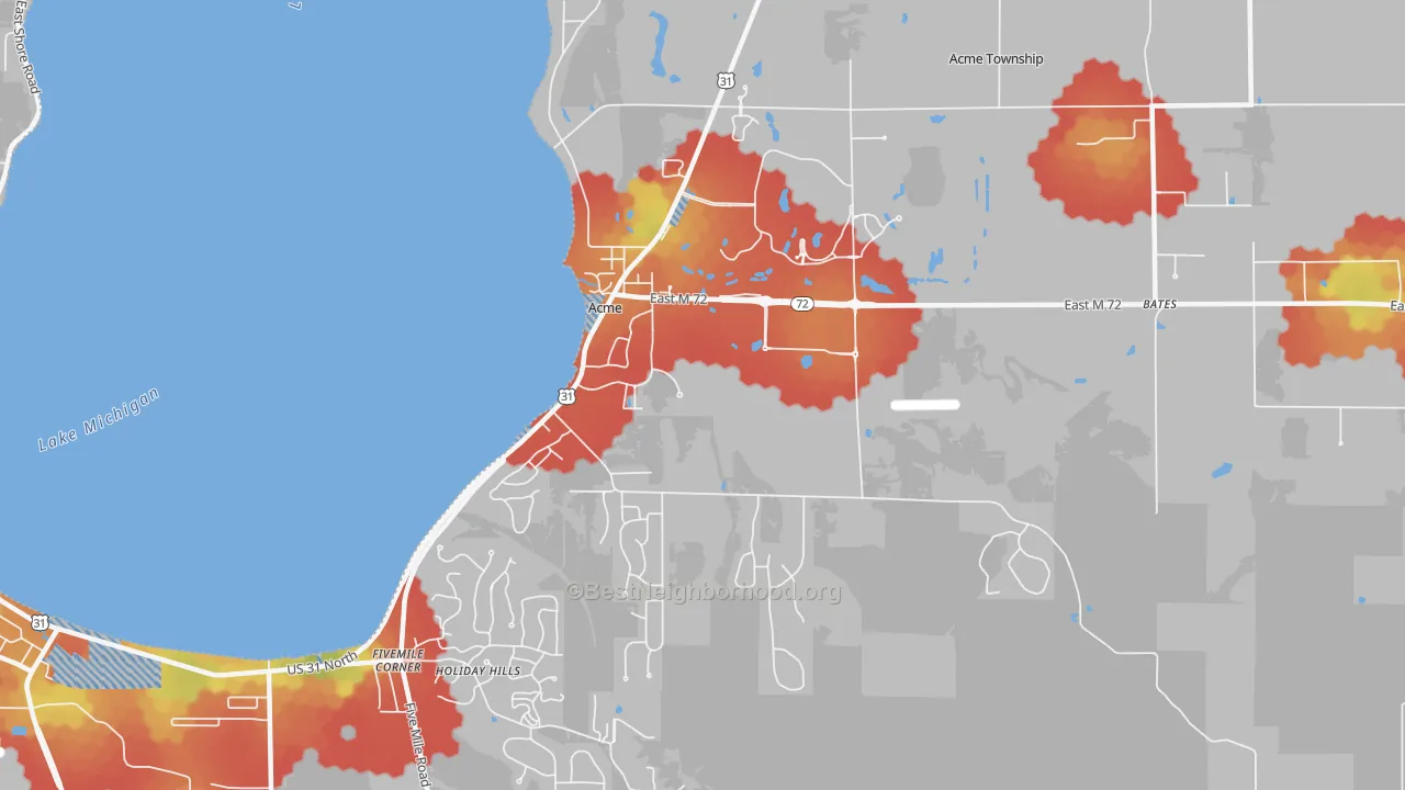 Walk Grade map of Acme, MI, walkable areas in green and car-dependent areas in red