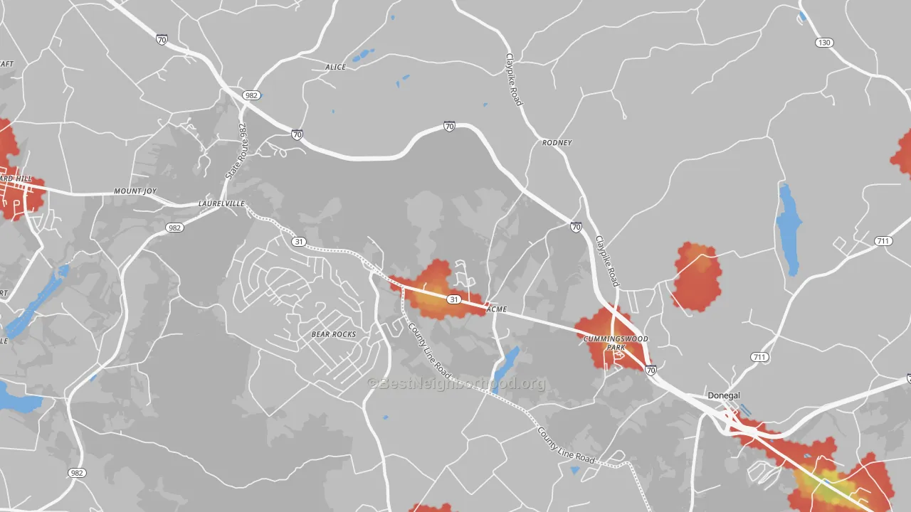 Walk Grade map of Acme, PA, walkable areas in green and car-dependent areas in red