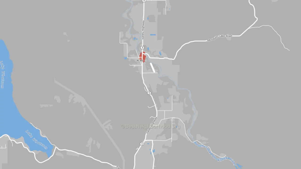 Walk Grade map of Acme, WA, walkable areas in green and car-dependent areas in red