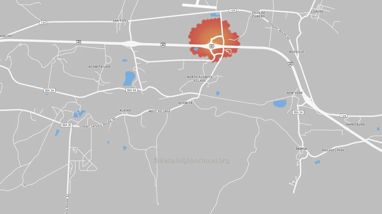 Walk Grade map of Acoma Pueblo, NM, walkable areas in green and car-dependent areas in red