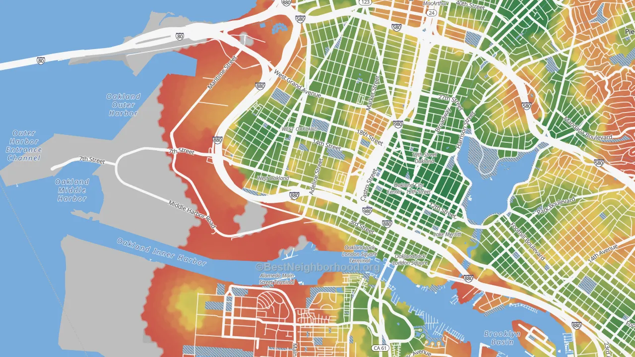 Walk Grade map of Acorn, Oakland, CA, walkable areas in green and car-dependent areas in red
