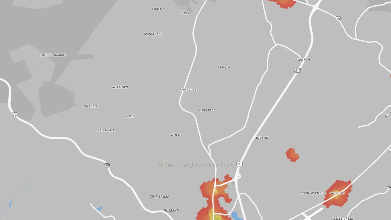 Walk Grade map of Acosta, PA, walkable areas in green and car-dependent areas in red