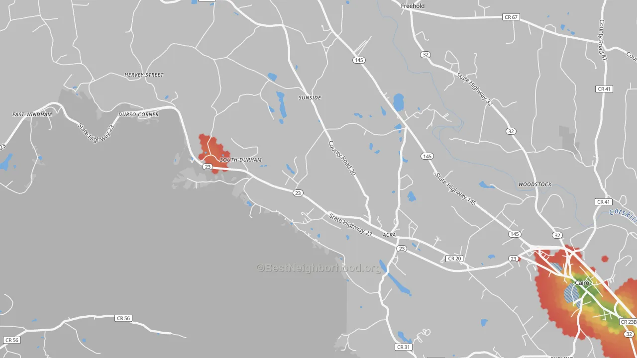 Walk Grade map of Acra, NY, walkable areas in green and car-dependent areas in red