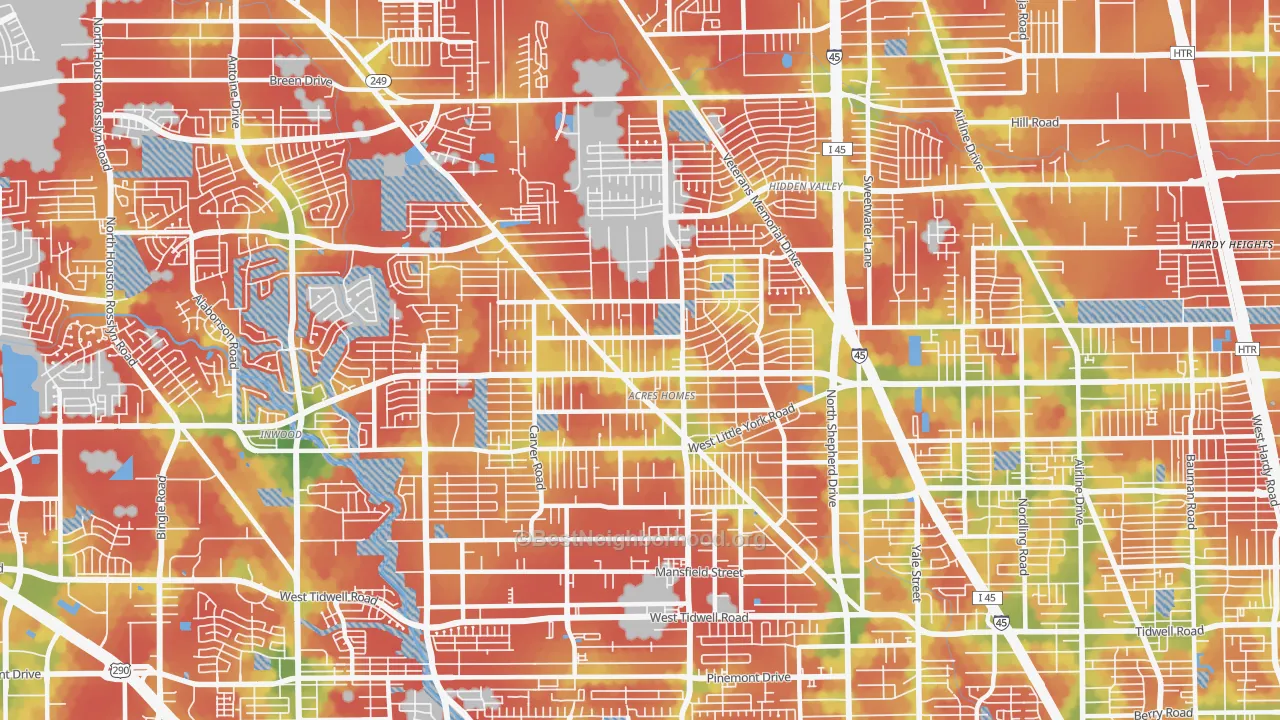 Walk Grade map of Acres Home, Houston, TX, walkable areas in green and car-dependent areas in red