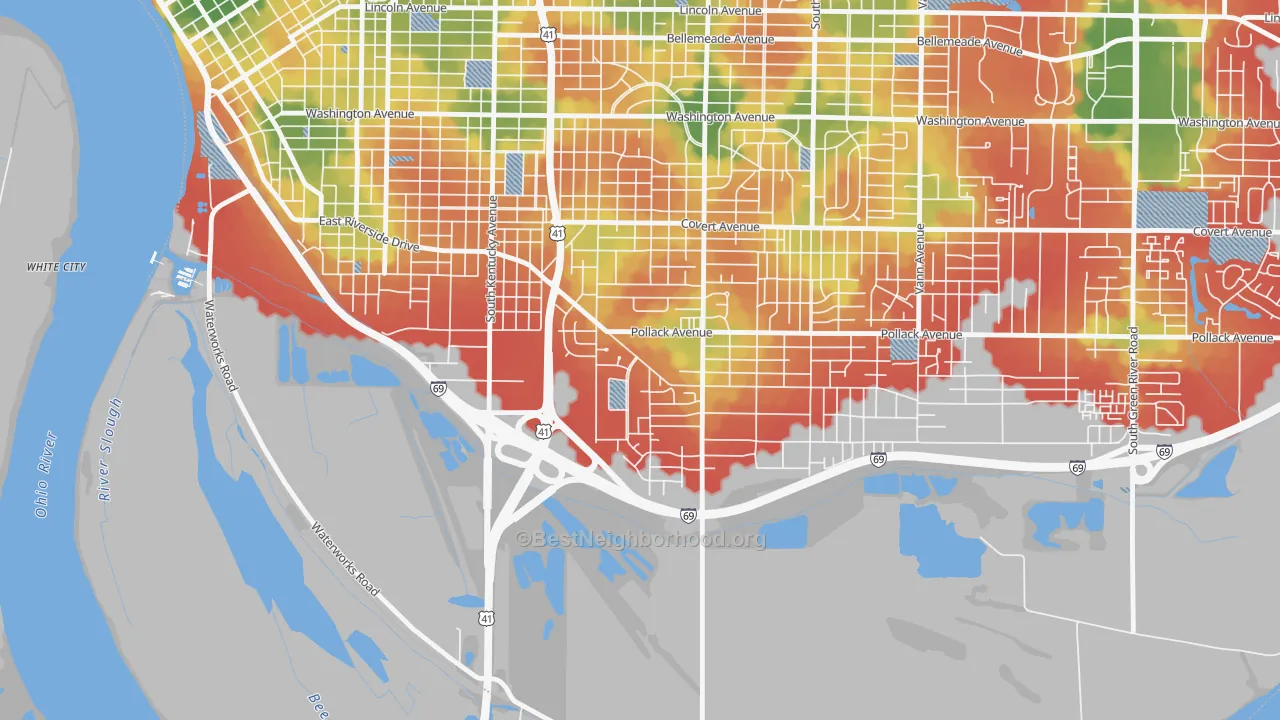 Walk Grade map of A.C.T., Evansville, IN, walkable areas in green and car-dependent areas in red