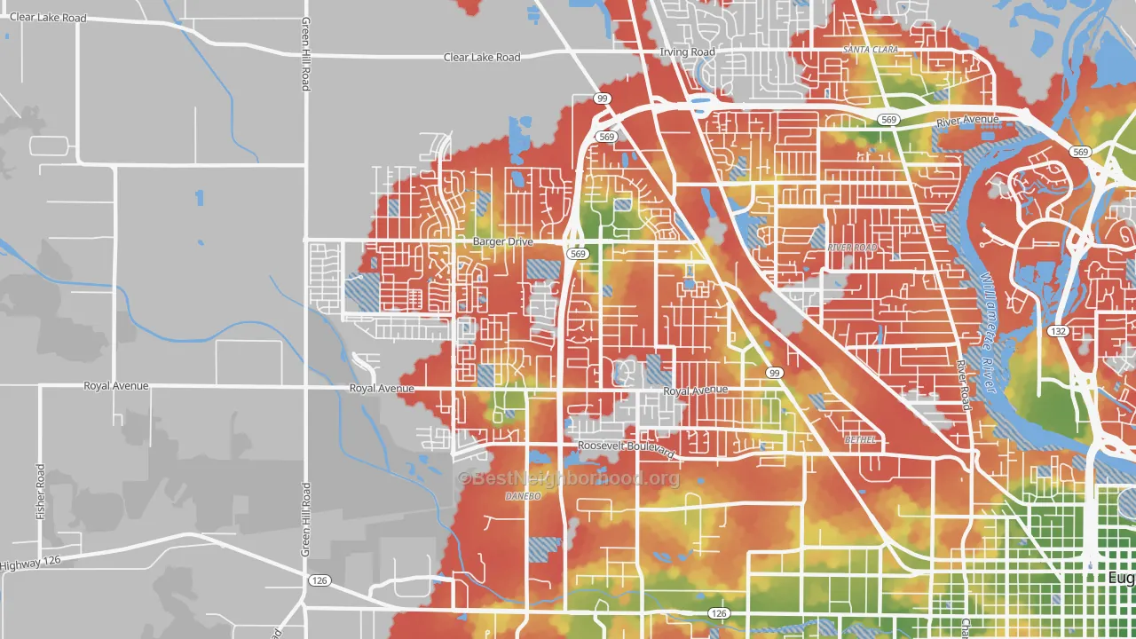 Walk Grade map of Active Bethel, Eugene, OR, walkable areas in green and car-dependent areas in red