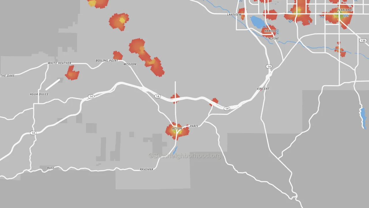 Walk Grade map of Acton, CA, walkable areas in green and car-dependent areas in red