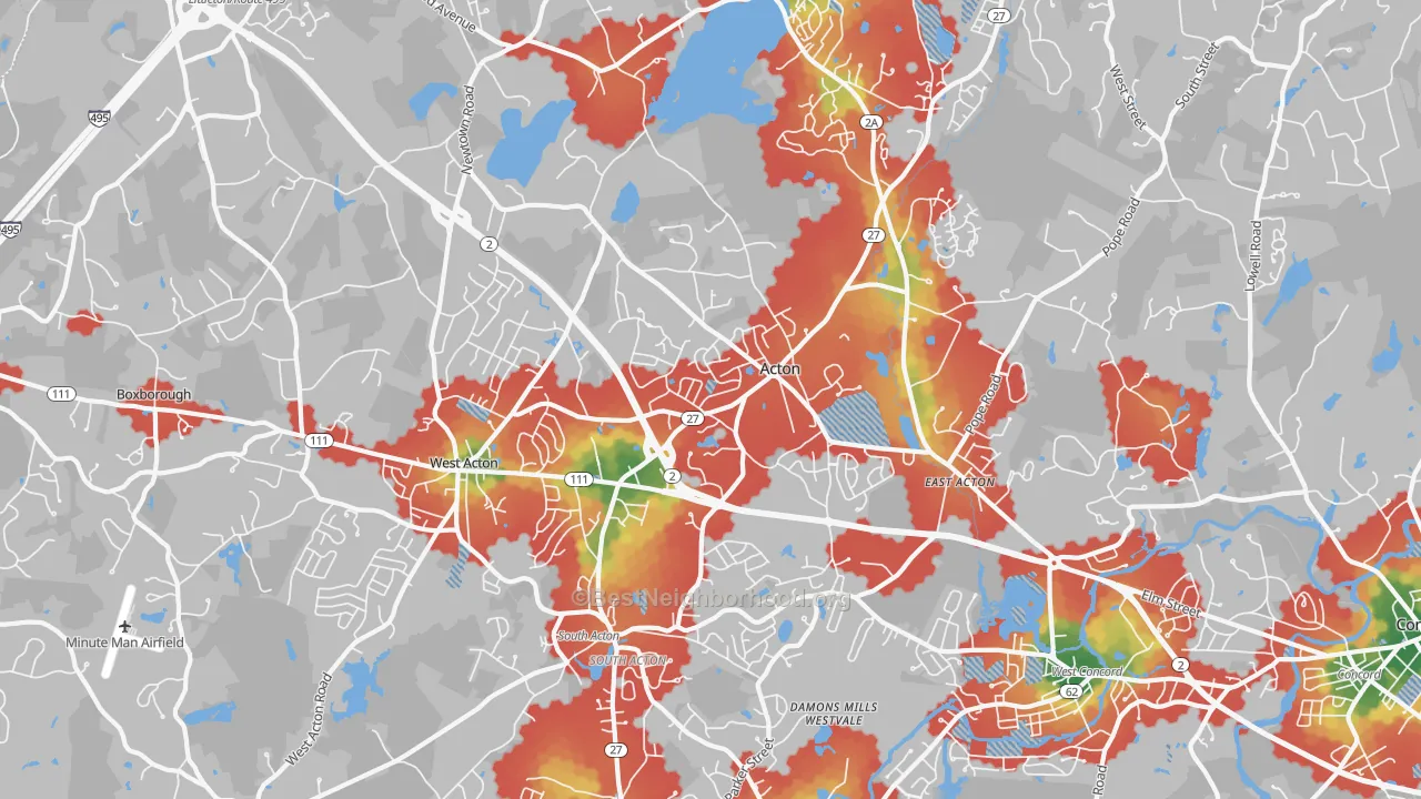 Walk Grade map of Acton, MA, walkable areas in green and car-dependent areas in red