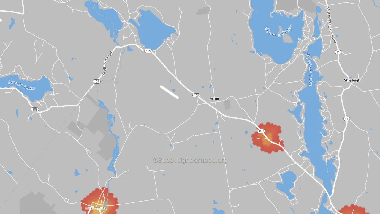 Walk Grade map of Acton, ME, walkable areas in green and car-dependent areas in red