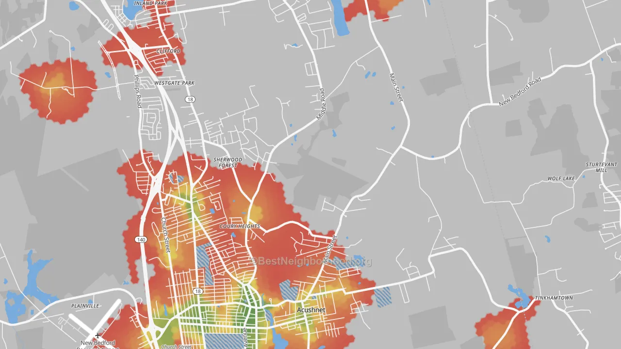 Walk Grade map of Acushnet, MA, walkable areas in green and car-dependent areas in red