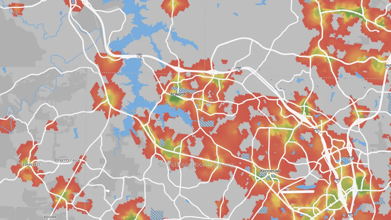 Walk Grade map of Acworth, GA, walkable areas in green and car-dependent areas in red