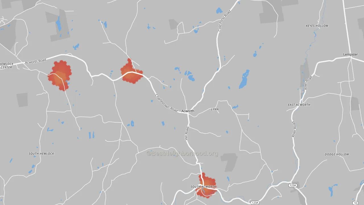 Walk Grade map of Acworth, NH, walkable areas in green and car-dependent areas in red