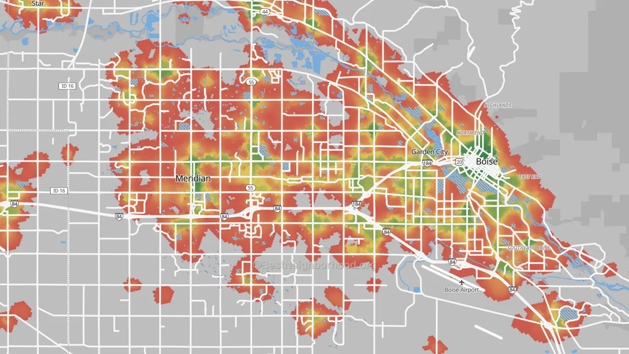 Walk Grade map of Ada County, ID, walkable areas in green and car-dependent areas in red