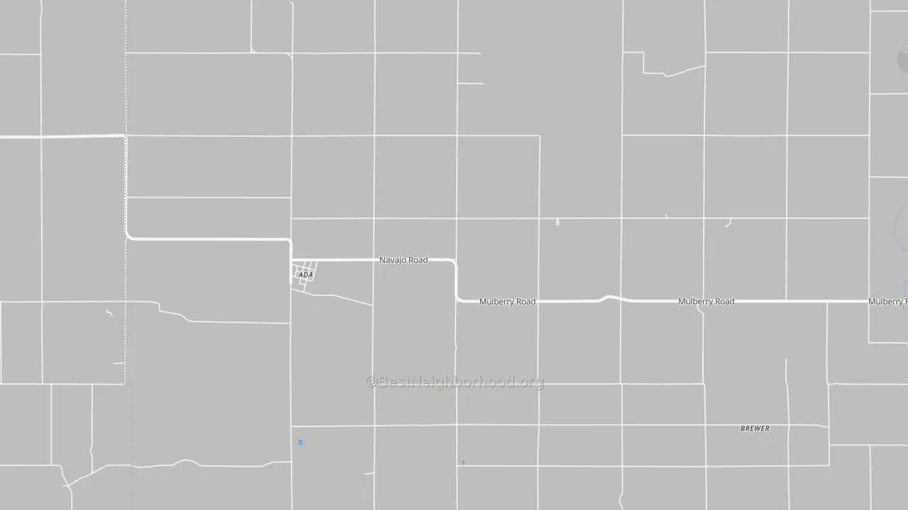 Walk Grade map of Ada, KS, walkable areas in green and car-dependent areas in red