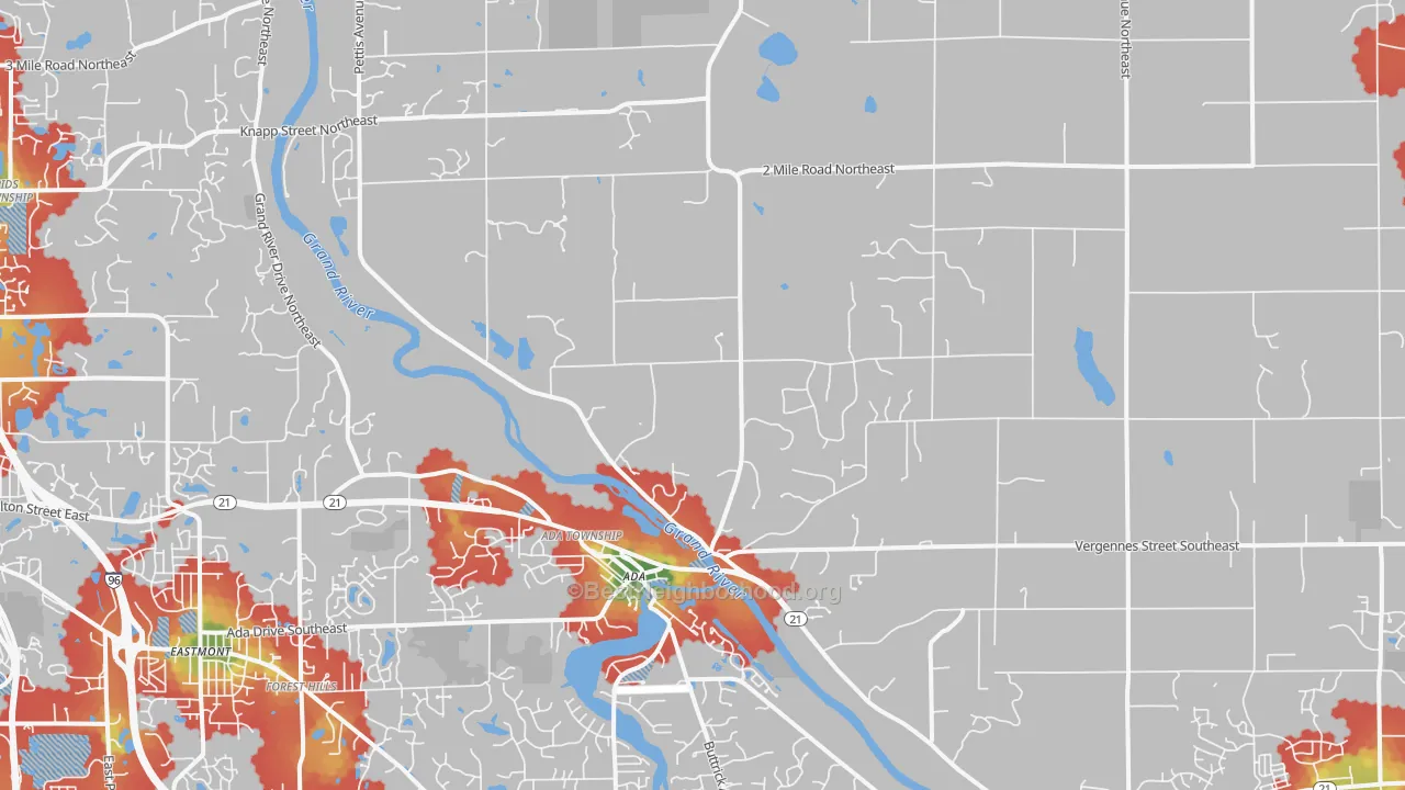 Walk Grade map of Ada, MI, walkable areas in green and car-dependent areas in red