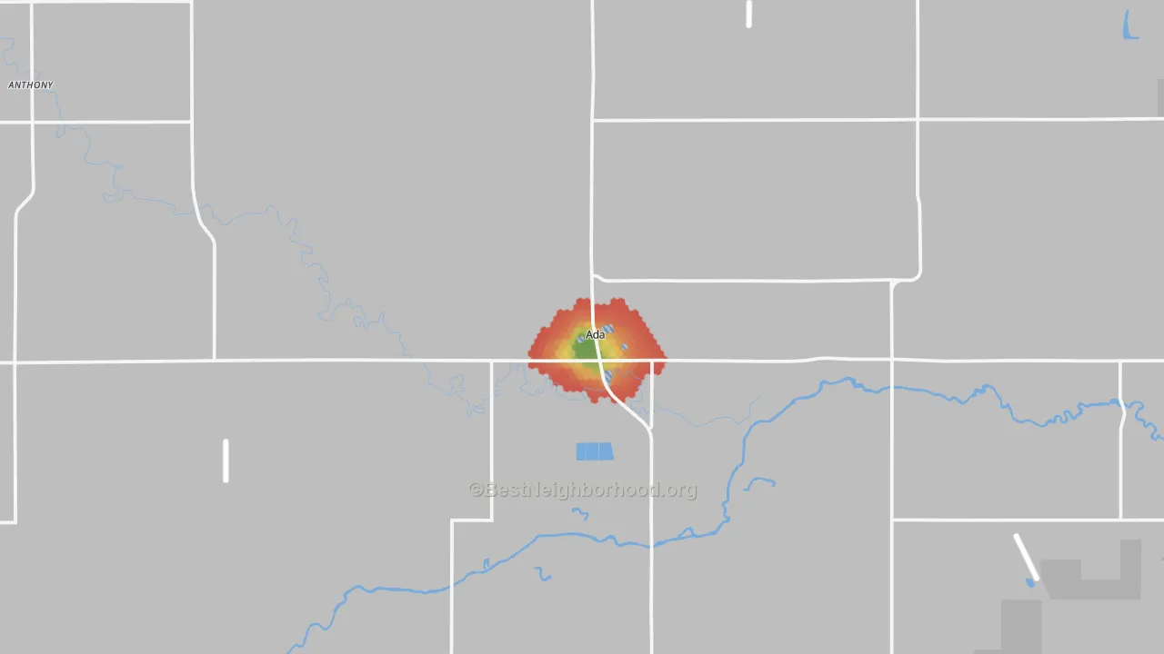 Walk Grade map of Ada, MN, walkable areas in green and car-dependent areas in red