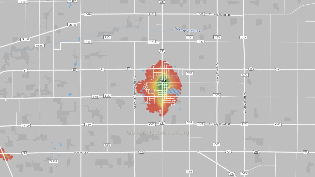 Walk Grade map of Ada, OH, walkable areas in green and car-dependent areas in red