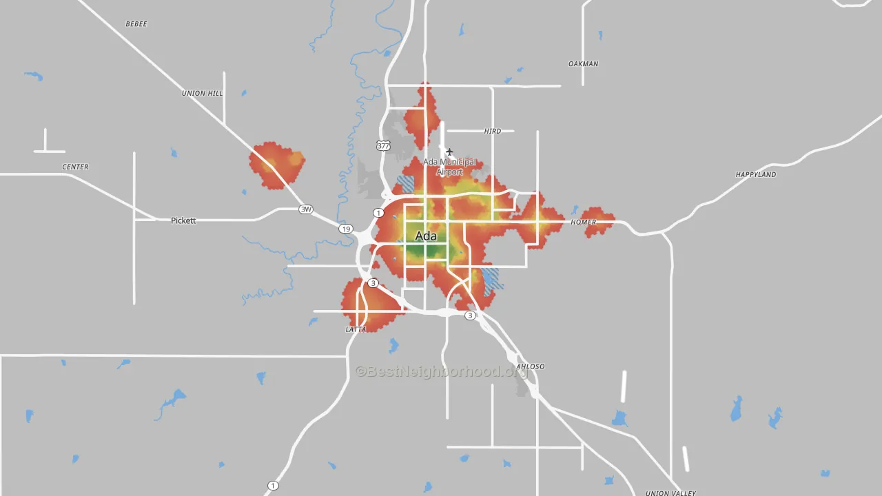 Walk Grade map of Ada, OK, walkable areas in green and car-dependent areas in red
