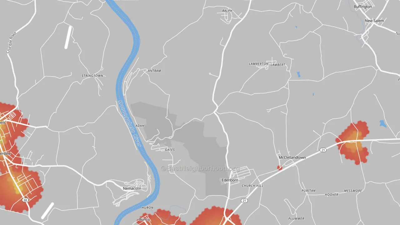 Walk Grade map of Adah, PA, walkable areas in green and car-dependent areas in red