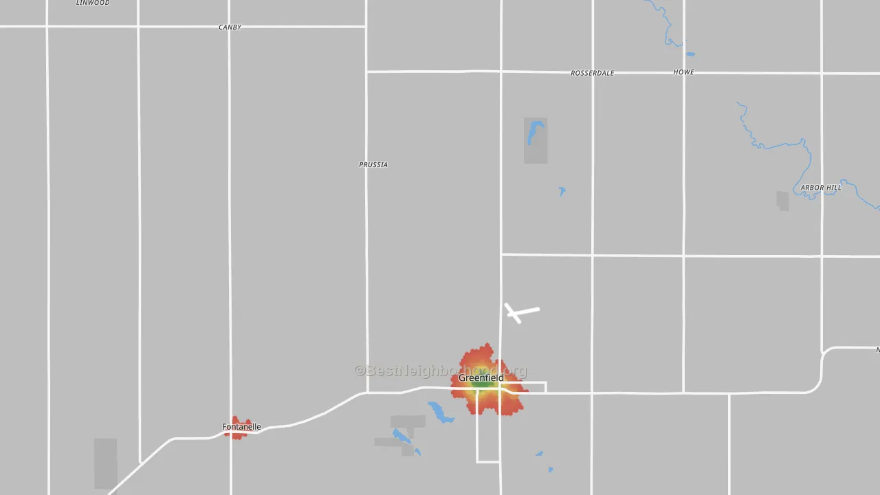 Walk Grade map of Adair County, IA, walkable areas in green and car-dependent areas in red