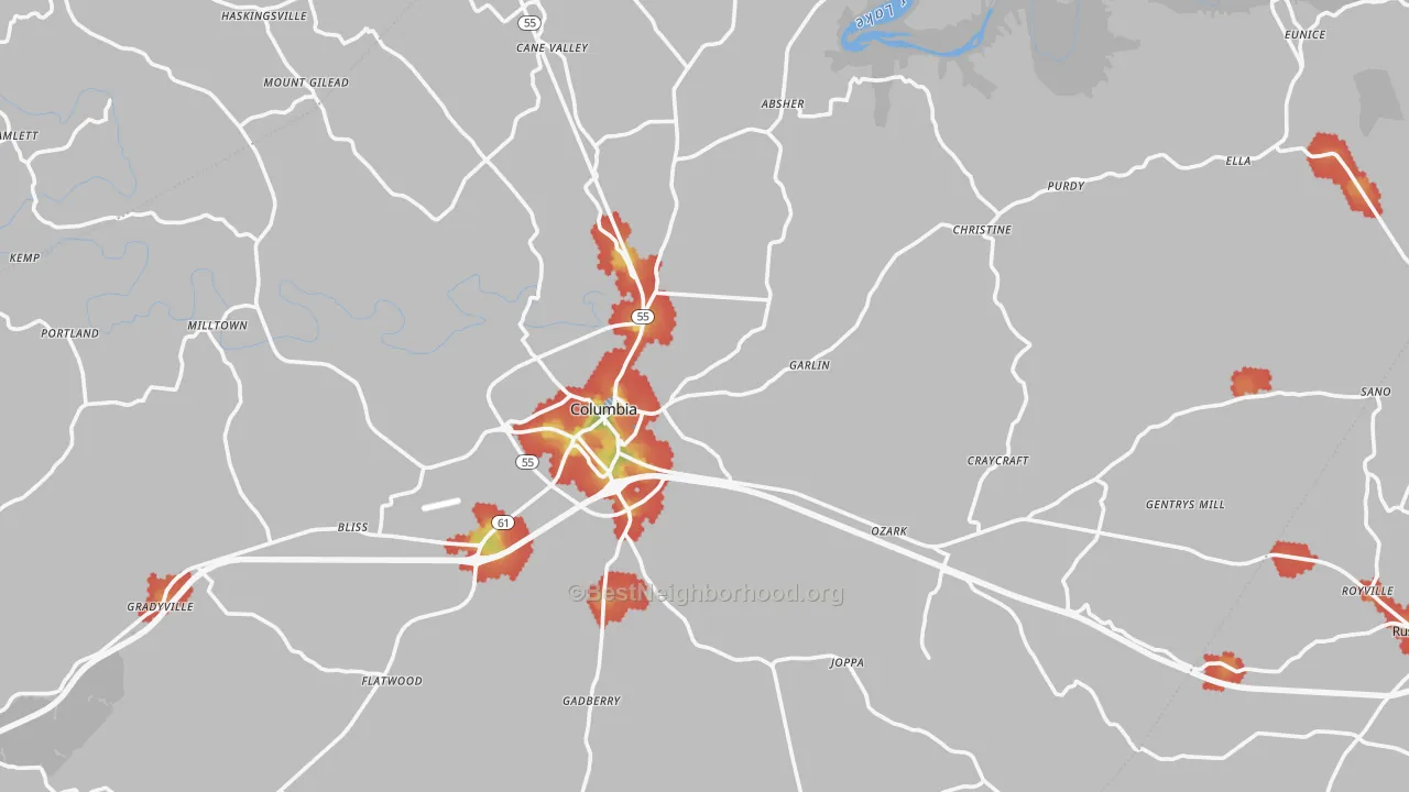 Walk Grade map of Adair County, KY, walkable areas in green and car-dependent areas in red